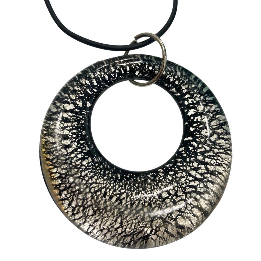 Vtg Murano Style Art Glass Pendant Necklace Black Cord 22" Black Silver Gold